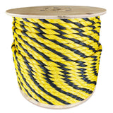 Spool of 12mm yellow and black tiger rope on a wooden reel with a white background