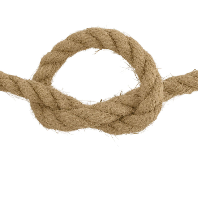 A close-up of 12mm natural flax hemp rope, arranged in a loop against a solid white background.