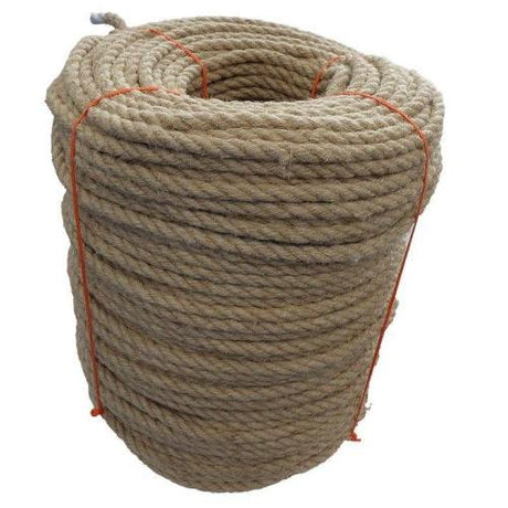 Coiled natural brown rope with orange binding on a white background