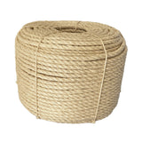 Coil of 12mm natural sisal rope tied with twine against a white background