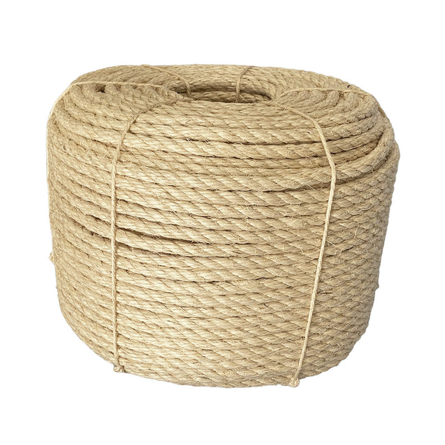 Coil of 12mm natural sisal rope tied with twine against a white background