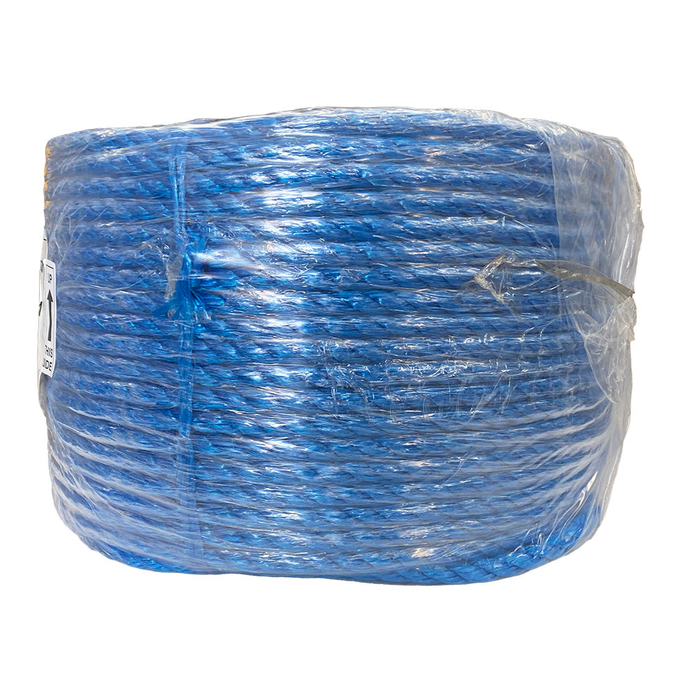 Shrink wrapped coil of 14mm blue polypropylene rope with a white background