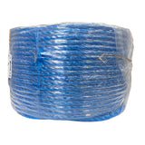 Shrink wrapped coil of 14mm blue polypropylene rope with a white background