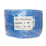 Shrink wrapped coil of 14mm blue polypropylene rope with a label on a white background