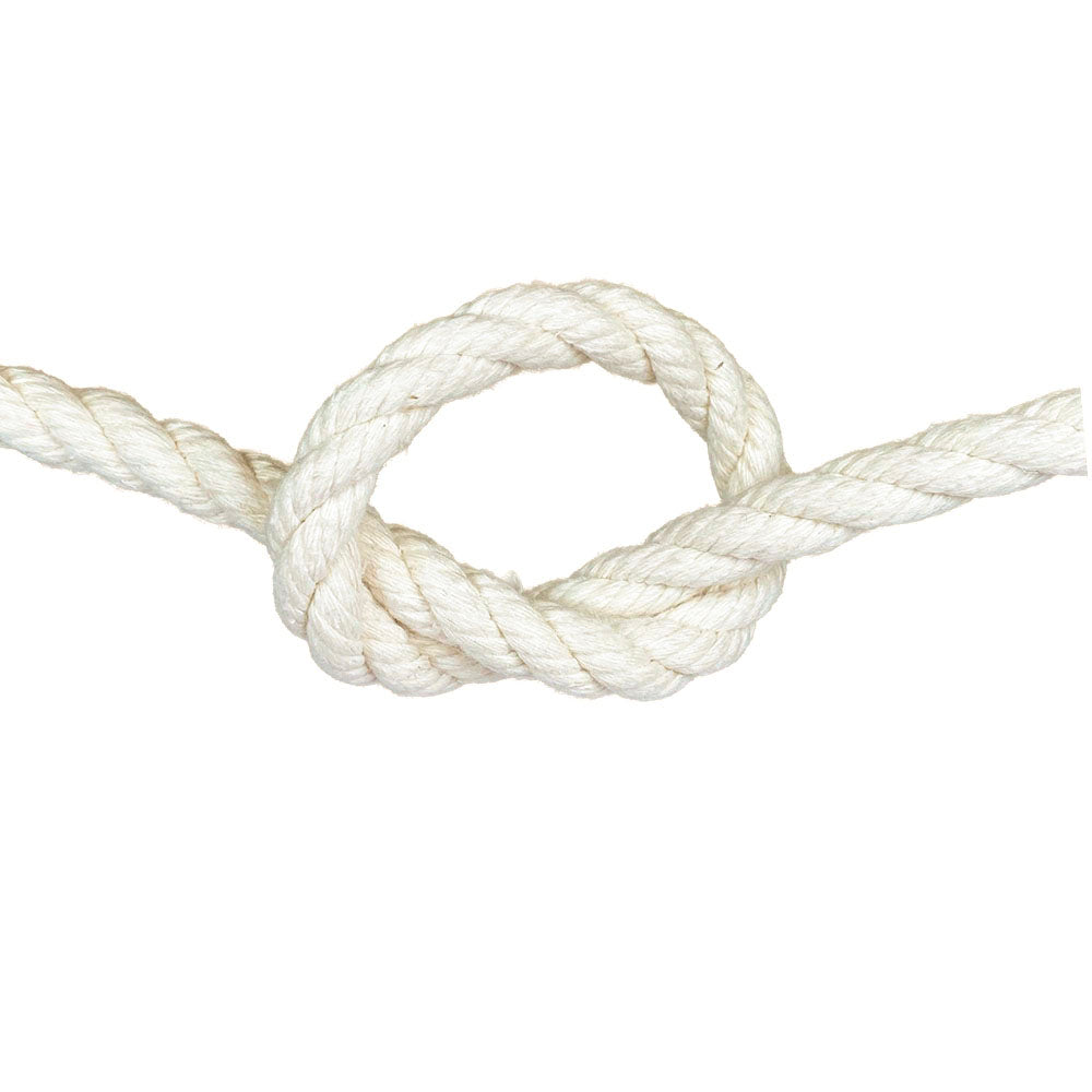 close-up of a natural white 14mm cotton rope in a knot with a white background
