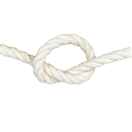 close-up of a natural white 14mm cotton rope in a knot with a white background