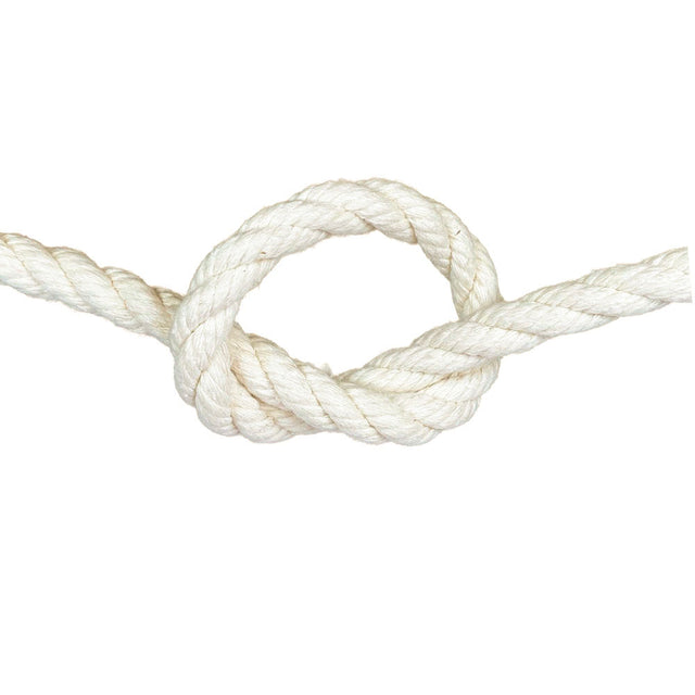 close-up of a natural white 14mm cotton rope in a knot with a white background