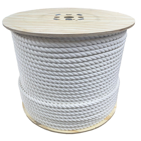 A spool of cotton rope on a wooden reel on a white background.