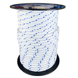 Spool of 14mm blue fleck matt polyester rope with a blue label on a white background