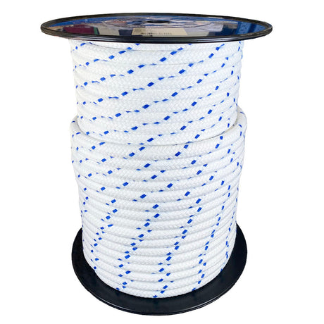 Spool of 14mm blue fleck matt polyester rope with a blue label on a white background