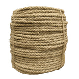 Coil of 14mm natural flax hemp rope on a white background