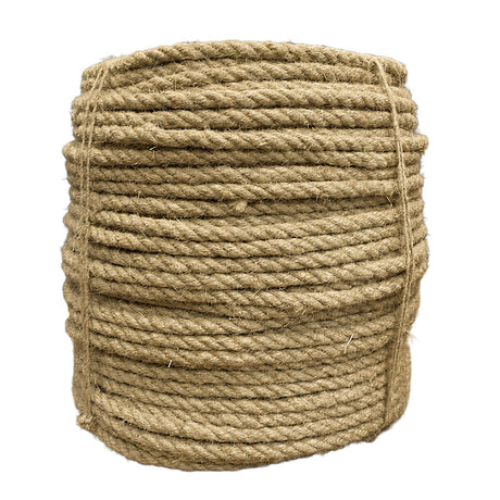 Coil of 14mm natural flax hemp rope on a white background