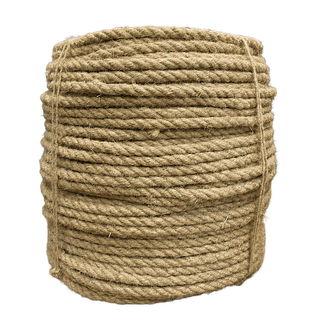 Coil of 14mm natural flax hemp rope on a white background
