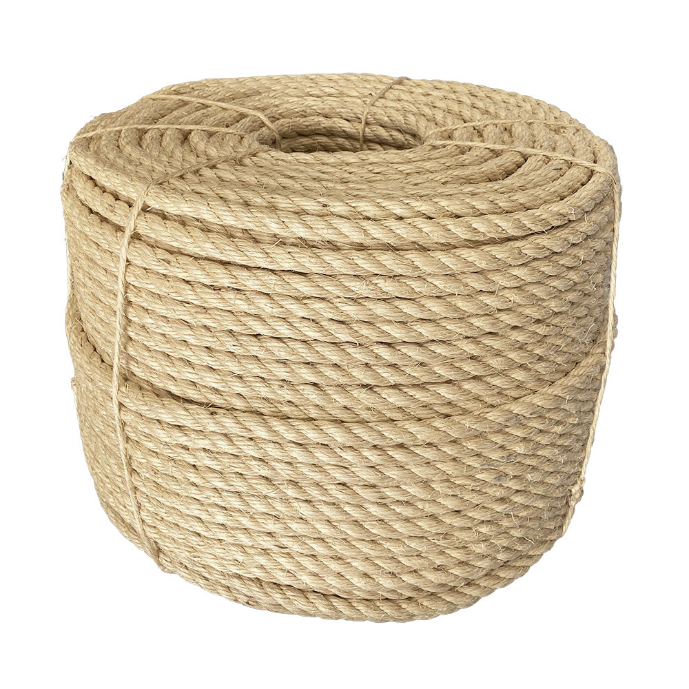 Coil of 14mm natural sisal rope tied with twine against a white background