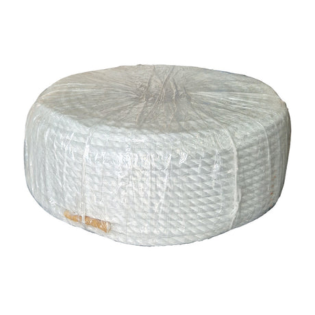 Clear wrapped coil of white 14mm polysteel rope on a white background