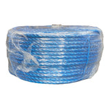 Shrink wrapped coil of 16mm blue polypropylene rope with a white background