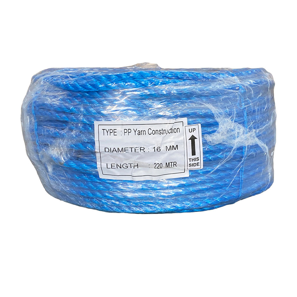 Shrink wrapped coil of 16mm blue polypropylene rope with a label on a white background