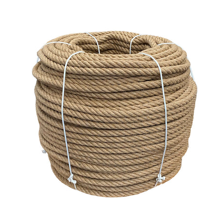Coil of 16mm brown jute rope tied with twine against a white background