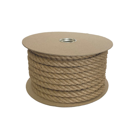 Spool of 16mm brown jute rope on a cardboard reel with a white background