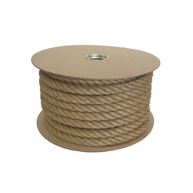 Spool of 16mm brown jute rope on a cardboard reel with a white background