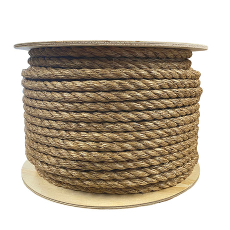 A spool of natural manilla rope wound onto a wooden reel on a white background.