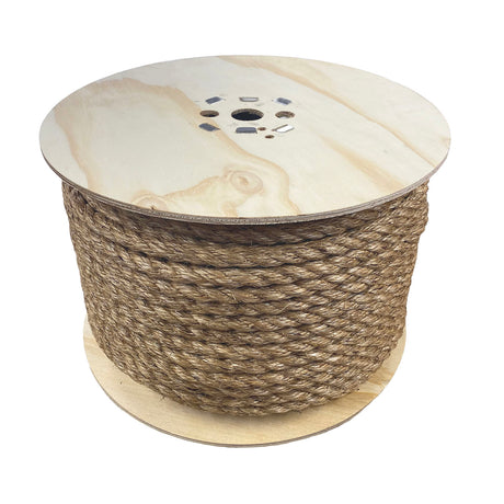 A spool of natural manilla rope wound onto a wooden reel on a white background.