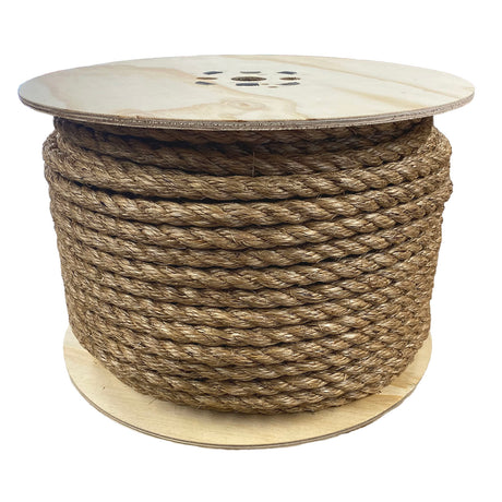 A spool of natural manilla rope wound onto a wooden reel on a white background.