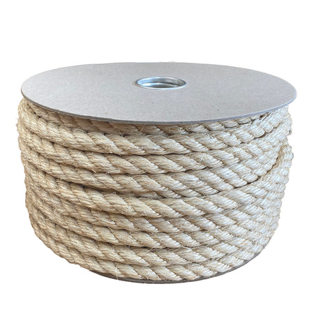 A spool of natural sisal rope wound onto a cardboard reel on a white background.