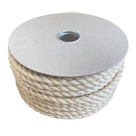 A spool of natural sisal rope wound onto a cardboard reel on a white background.