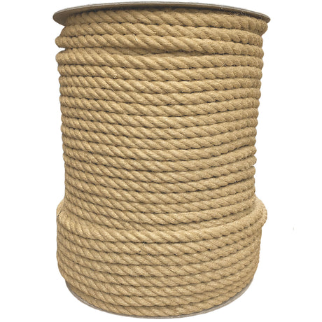 Coil of 16mm natural flax hemp rope on a white background