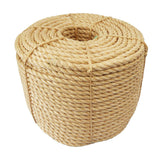 Coil of 16mm natural sisal rope tied with twine against a white background
