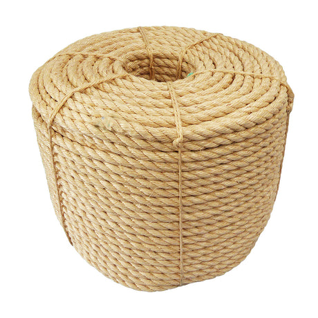 Coil of 16mm natural sisal rope tied with twine against a white background