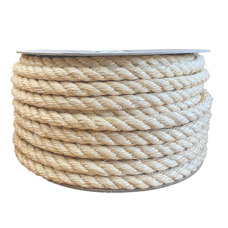 A spool of 16mm sisal rope on a cardboard reel, on a white background. 