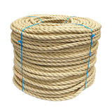 Coil of natural coloured 16mm synthetic hemp rope on a white background