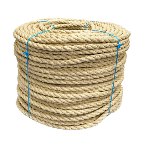 Coil of natural coloured 16mm synthetic hemp rope on a white background