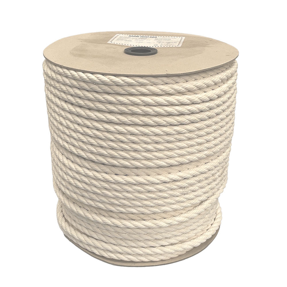 spool of 16mm natural cotton rope on a cardboard reel on a white backgound.