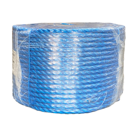 Shrink wrapped coil of 18mm blue polypropylene rope with a white background