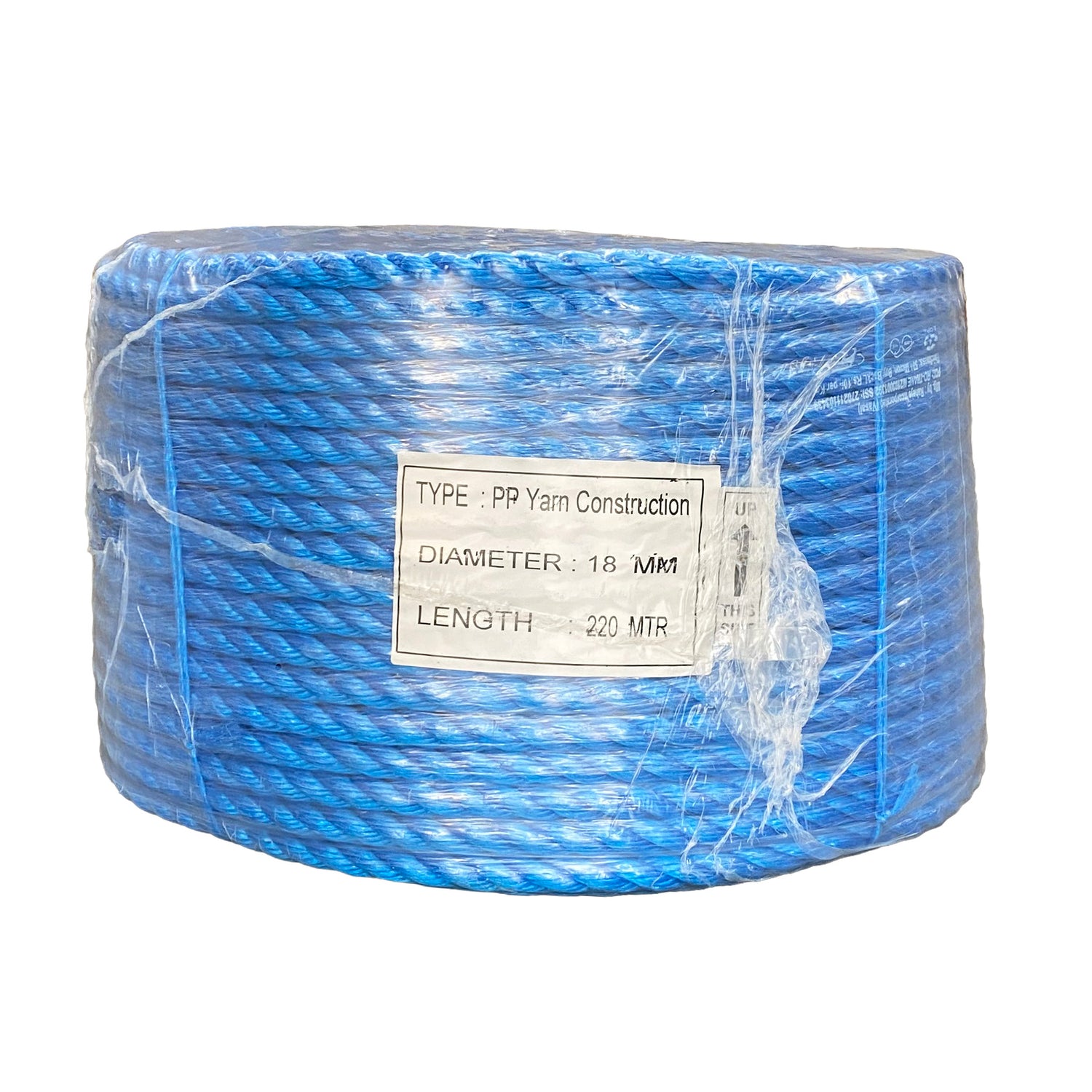 Shrink wrapped coil of 18mm blue polypropylene rope with a label on a white background
