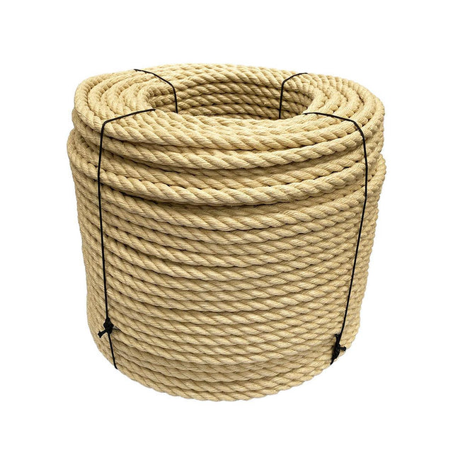 Coil of natural coloured 18mm synthetic hemp rope on a white background