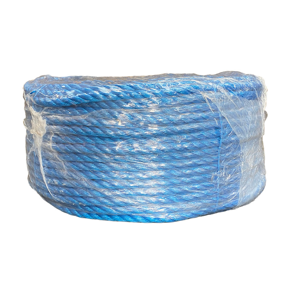 Shrink wrapped coil of 20mm blue polypropylene rope with a white background