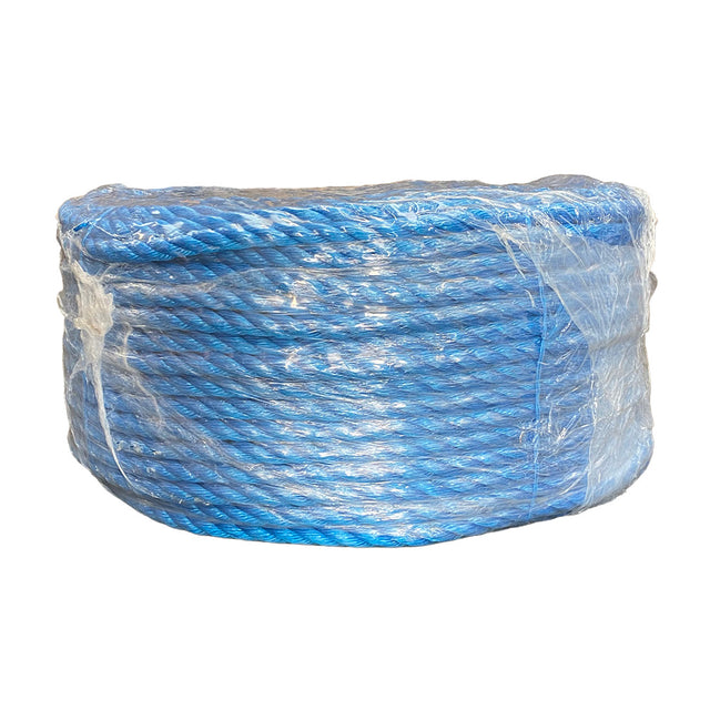 Shrink wrapped coil of 20mm blue polypropylene rope with a white background
