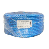 Shrink wrapped coil of 20mm blue polypropylene rope with a label on a white background