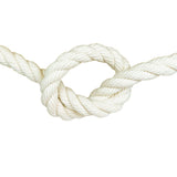 close-up of a natural white 20mm cotton rope in a knot with a white background