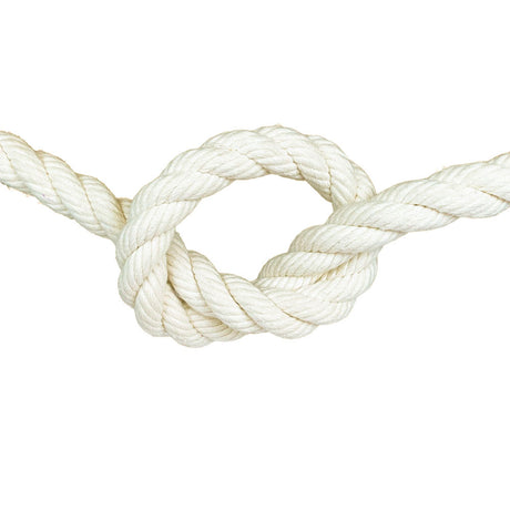 close-up of a natural white 20mm cotton rope in a knot with a white background