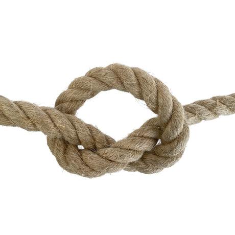 A close-up of 20mm natural flax hemp rope, arranged in a loop against a solid white background.