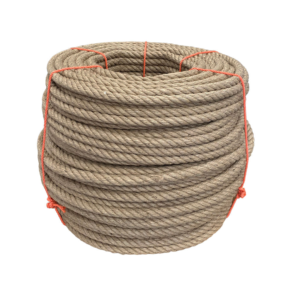 Coil of 20mm brown jute rope tied with twine against a white background