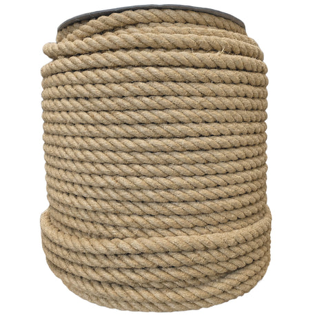 Coil of 20mm natural flax hemp rope on a white background