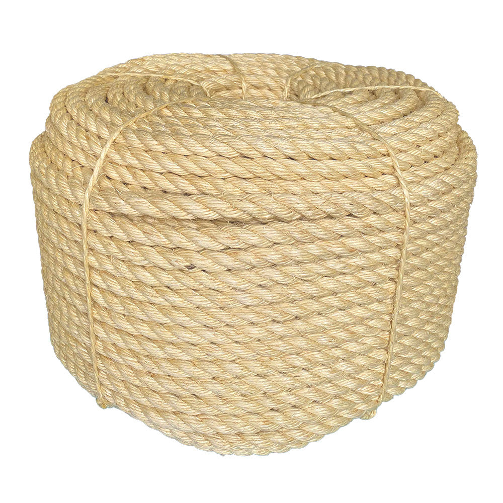 Coil of 20mm natural sisal rope tied with twine against a white background