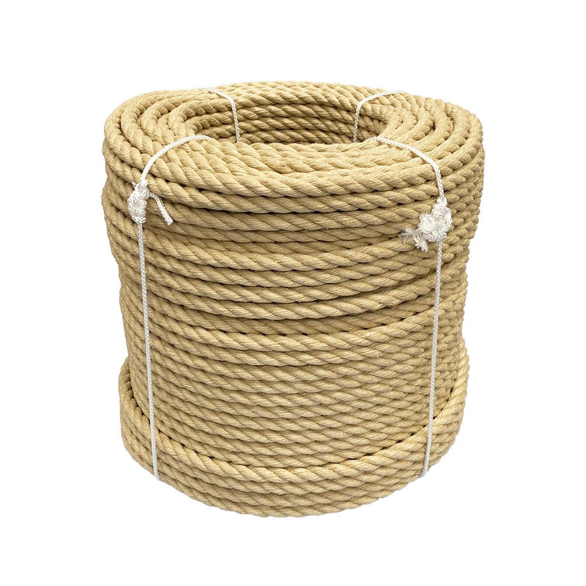 Coil of natural coloured 20mm synthetic hemp rope on a white background