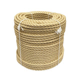 Coil of natural coloured 20mm synthetic hemp rope on a white background